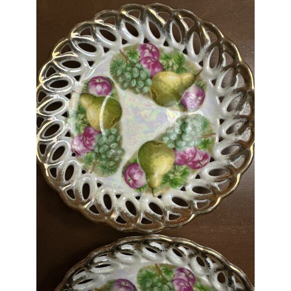 Fruit Motif Fan Crest Lusterware Saucer Trinket Dish Iridescent Set of 2 Vintage - Picture 10 of 11